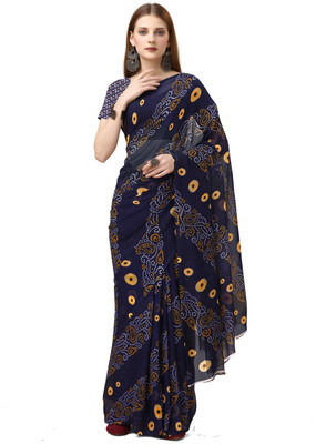 Sanjana Silks Printed Mysore Crepe Saree(Dark Blue)