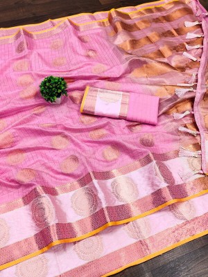 DURGA TEXTILE Printed, Self Design, Embellished, Woven, Animal Print, Blocked Printed Banarasi Jacquard, Silk Blend Saree(Pink)