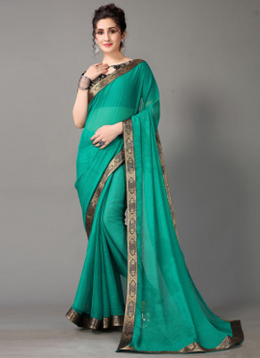 Saanjh Solid/Plain Saree with Attached Blouse Chiffon Saree(Green)