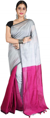 Desh Bidesh Color Block, Self Design, Solid/Plain Handloom Handloom Pure Cotton, Cotton Blend Saree(Grey)