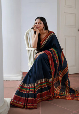 TWRIL Solid/Plain Handloom Pure Cotton Saree(Dark Blue)