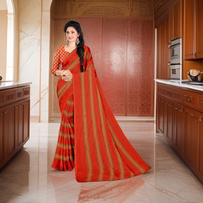 Shreenilachal Striped Daily Wear Georgette Saree(Orange)