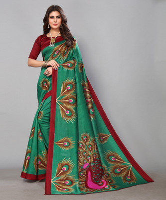 Nirvaan Printed Mysore Art Silk Saree(Green)