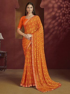 Divastri Floral Print, Geometric Print, Digital Print, Printed Bollywood Chiffon Saree(Orange)