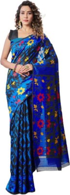 PK Fashion Woven, Floral Print Bollywood Pure Cotton, Silk Blend Saree(Blue, Black)