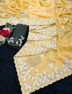 ruhu fashion Embroidered Handloom Chiffon Saree(Yellow)