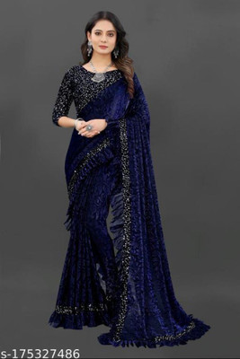 DCTEXFAB Self Design Bollywood Lycra Blend Saree(Blue)