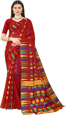 NENCY FASHION Printed Jamdani Cotton Silk, Cotton Blend Saree(Red)