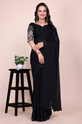 Ttex Solid/Plain Maheshwari Chiffon Saree(Black)
