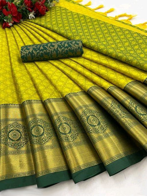 KanjiQueen Woven Kanjivaram Art Silk Saree(Yellow, Green)