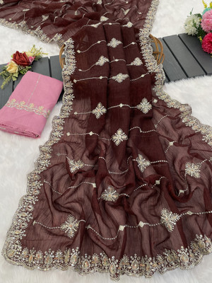 BELLETRENDZ Embroidered Bollywood Jimmy choo Saree(Brown)