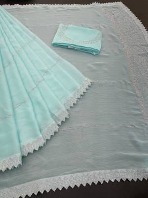 HouseOfCommon Embroidered Bollywood Pure Silk Saree(Light Blue)