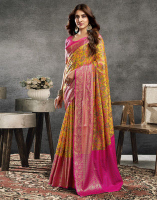 all about you Woven, Self Design Banarasi Silk Blend Saree(Yellow, Magenta)