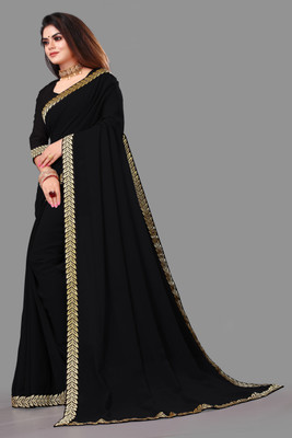 DHRAM CREATION Solid/Plain Bollywood Georgette Saree(Black)