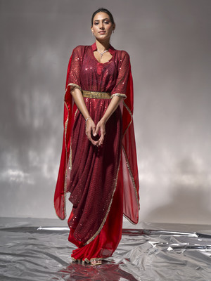 Kalista Embellished Bollywood Lycra Blend, Chiffon Saree(Red)