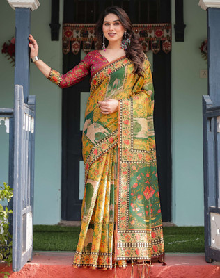 Tasrika Floral Print, Woven, Embellished Handloom Linen Saree(Yellow, Green, Mustard)