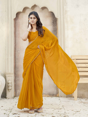 Ready To Wear By Tikhi Imli Solid/Plain Bollywood Polyester Saree(Yellow)