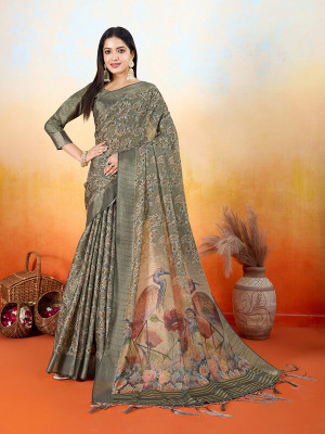 Divastri Digital Print, Printed, Woven Banarasi Tissue Saree(Green)