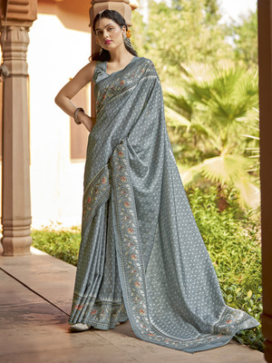 Tasrika Printed Daily Wear Cotton Blend Saree(Grey)