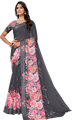 APERA Digital Print Daily Wear Cotton Linen Saree(Black, Pink)