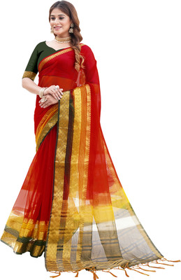 Aarunika IC Solid/Plain, Striped Bollywood Organza Saree(Red)