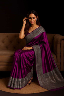 Tilfelle Solid/Plain, Woven Banarasi Satin Saree(Purple, Silver)