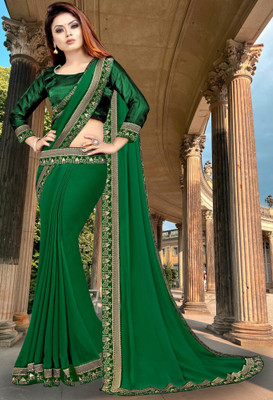 HNC Retail Temple Border, Solid/Plain Bollywood Lycra Blend, Chiffon Saree(Green)