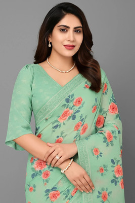 Falessa Floral Print Bollywood Georgette Saree(Light Green)