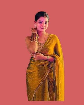 Solid Handloom Solid/Plain, Woven, Applique Saree with Attached Blouse Chiffon Saree(Gold)