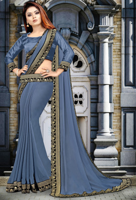 HNC Retail Temple Border, Solid/Plain Bollywood Lycra Blend, Chiffon Saree(Silver, Grey)