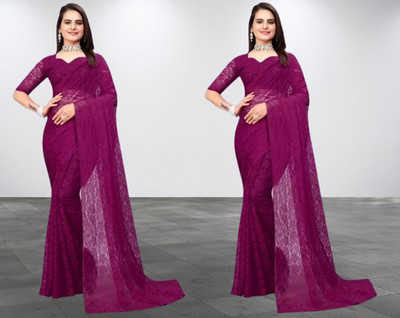 Vragi Self Design Bollywood Net Saree(Pack of 2, Purple)