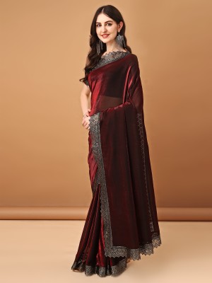 Aadishakti Fashion Embellished Bollywood Lycra Blend Saree(Maroon)