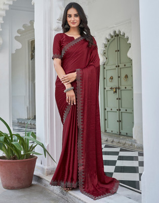 all about you Dyed, Embellished, Solid/Plain Bollywood Satin Saree(Maroon)