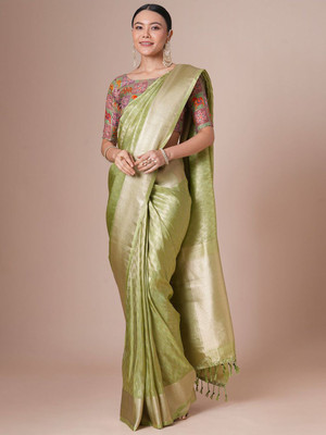 House of Pataudi Woven Daily Wear Tissue Saree(Green)