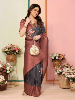 Moda Rapido Floral Print Assam Silk Jacquard, Silk Blend Saree(Brown)