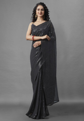 Nytra creation Embellished Banarasi Georgette Saree(Black)