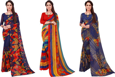 Suali Printed Daily Wear Georgette Saree(Pack of 3, Dark Blue, Red)