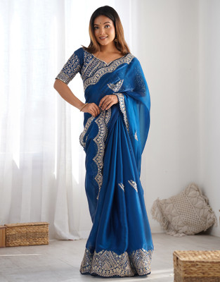 Samah Embellished, Embroidered Bollywood Tissue, Jimmy choo Saree(Blue)