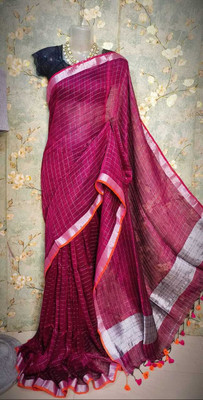 AMIT STORE Self Design Handloom Cotton Linen Saree(Pink)