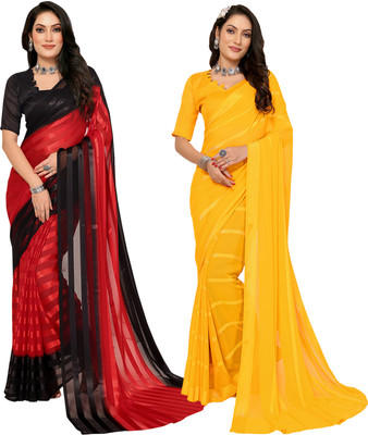 Moda Rapido Self Design, Striped, Ombre Bollywood Satin Saree(Pack of 2, Red, Black)
