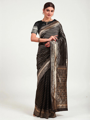 fFASHION Embellished, Solid/Plain, Striped, Temple Border, Floral Print, Dyed, Woven Banarasi Art Silk, Cotton Silk Saree(Black)