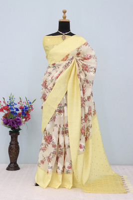SANJEVAY Floral Print Bollywood Linen Saree(Multicolor)