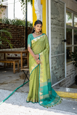 Bansari Textiles Printed Banarasi Cotton Blend, Jacquard Saree(Light Green)