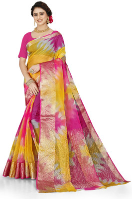 HouseOfCommon Solid/Plain Bandhani Organza Saree(Pink)