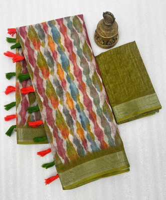 Margi Designers Floral Print Handloom Cotton Linen Saree(Light Green)