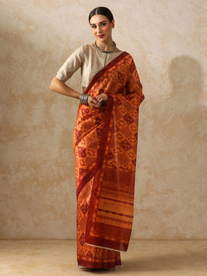 Moara Printed Daily Wear Silk Blend Saree(Orange)