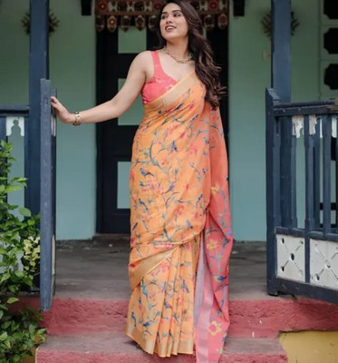 Mervadiya Printed Bollywood Cotton Linen, Linen Saree(Orange)