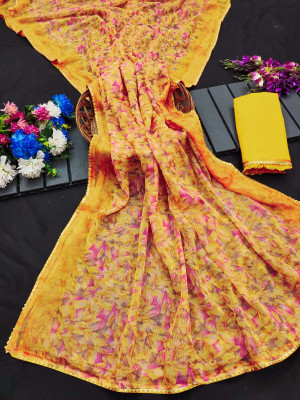 Geeta Store Printed Banarasi Chiffon Saree(Mustard)
