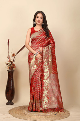 J6 Designers Woven Banarasi Art Silk, Jacquard Saree(Red)