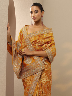 LIBAS Printed Daily Wear Silk Blend Saree(Mustard)
